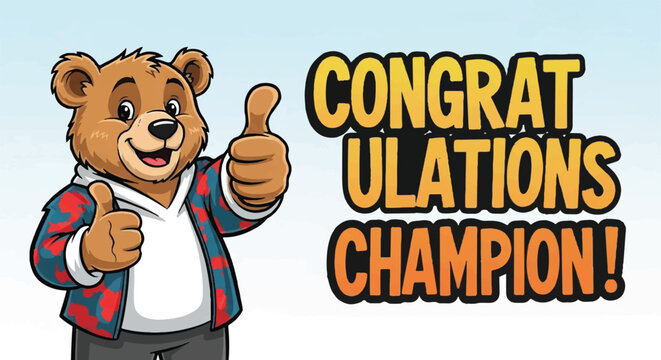 Whimsical cartoon bear cheers as champion, giving a thumbs up celebration.
