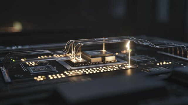 Close up of futuristic flash storage hardware with glowing circuits inside enterprise AI server rack