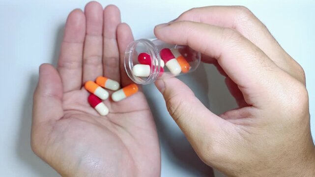 Hand Pouring Medical Capsules from Bottle for Healthcare Concept