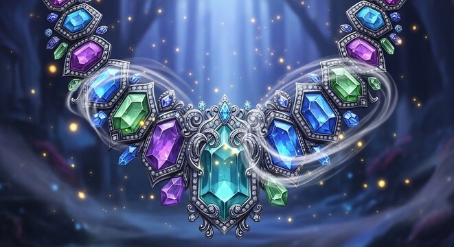 Exquisite Gemstone Necklace Adorned with Sparkling Jewels in Mystical Light.