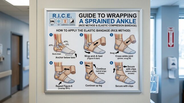 Guide to Wrapping a Sprained Ankle Poster in a Medical Setting.