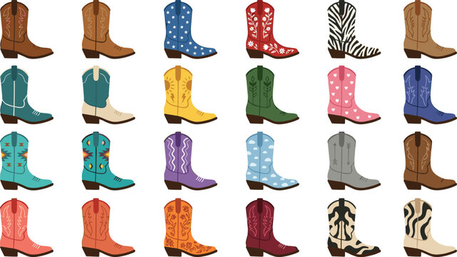 Colorful Cowboy Boot Vector Collection Featuring Western Rodeo Footwear with Floral, Zebra, Heart, and Decorative Fashion Patterns