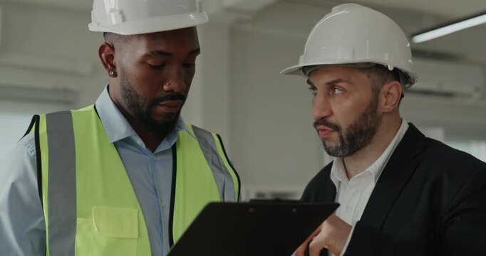 Portrait of Middle Eastern and African American construction managers in hard hats review tablet. Bearded supervisor points at screen and explains safety steps