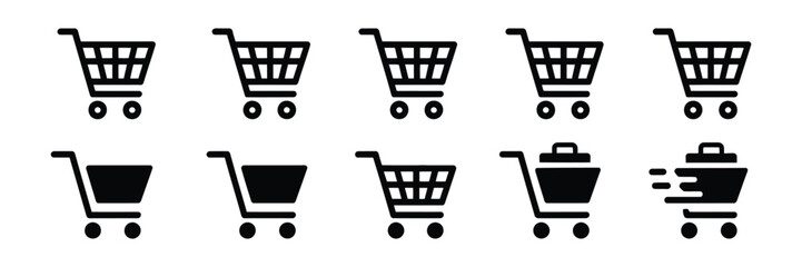 Shopping Cart Icon Set, full and empty cart symbols for shop and sale concepts, vector illustration for e-commerce, retail and online purchasing UI design. © Ayat 04