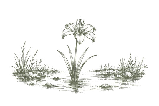 Hand drawn water iris flower vector illustration, detailed vintage swamp plant sketch engraving style asset for pond and aquatic nature design.
