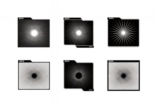 Black and white folder icons with sunburst designs