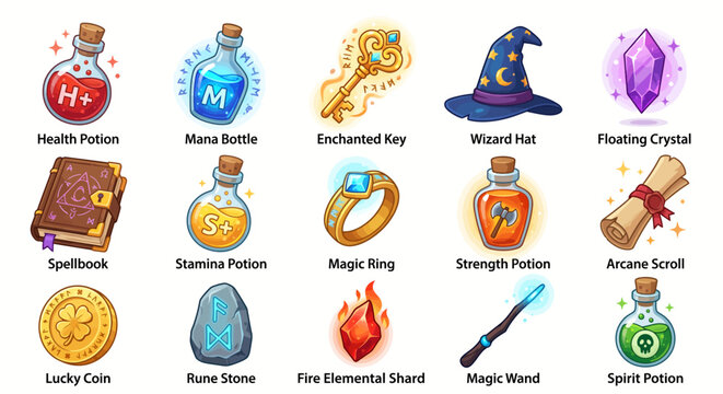 Collection of Fantasy RPG Game Icons, Magic Potions, Artifacts, and Spells