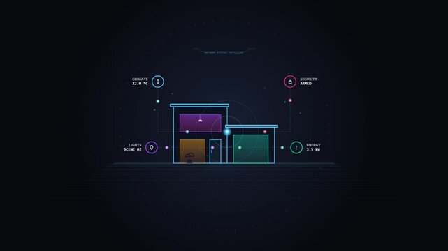 Abstract futuristic building blueprint with digital interface elements and data visualizations