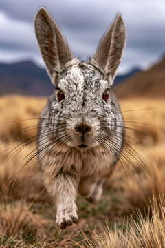animal by ai, rabbit running to camera, bunny with large ears, mountain viscacha, andean background, photorealistic