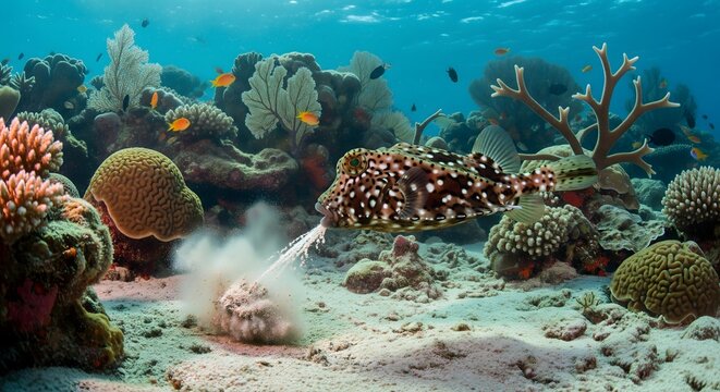 Spotted Boxfish Feeding by Blowing Water into Sand on a Vibrant Tropical Coral Reef Underwater