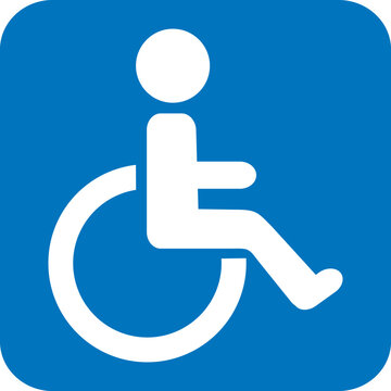 Physical or motor disability. Incapacity. Pictogram of a person in a wheelchair. Blue panel. Hand-drawn vector illustration.