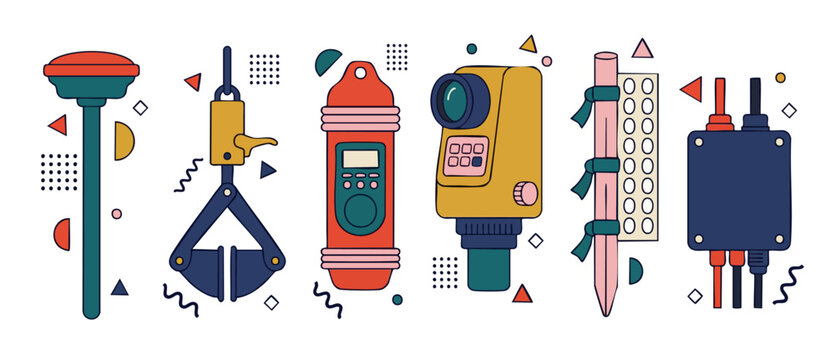 Land Surveying Equipment Icons Set, Professional Geodetic Tools and Measurement Instruments for Civil Engineering and Construction Projects, Modern Flat Vector Illustration Design, Technical Field Dev