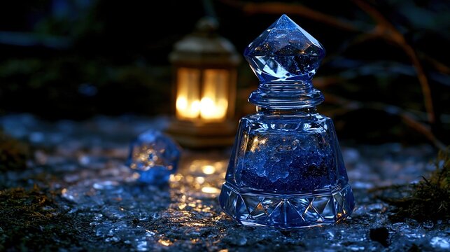 Mystical blue potion bottle with ice and lantern in dark fantasy forest setting