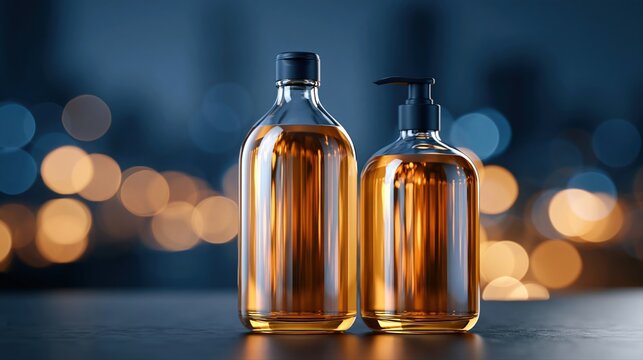 Two amber liquid bottles, one with a pump dispenser, on a dark surface with bokeh lights background.