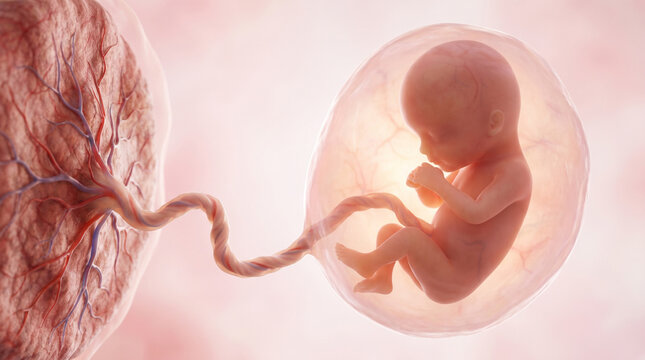 4k 3d rendering of a fetus in the womb with umbilical cord and placenta