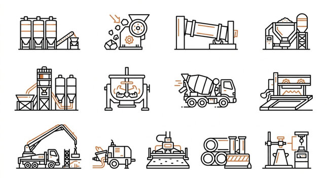 Industrial Construction Machinery Equipment Icons.