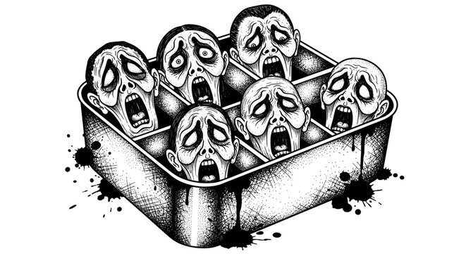 Creepy cartoon heads in a box illustration.