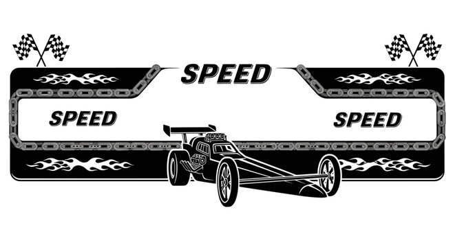 Dragster racing car with speed banners and checkered flags.