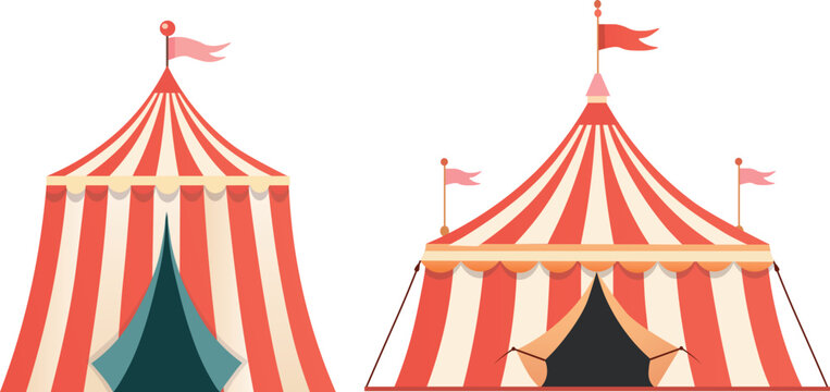 Circus tents set. Vintage red and white striped carnival marquee corporate design 
