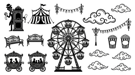 Obraz premium Amusement Park Carnival Elements Set - Vintage Black and White Silhouette Icons for Fair Attractions