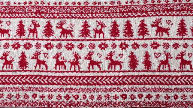 Classic Christmas knitted sweater pattern with reindeer, snowflakes, trees and festive motifs