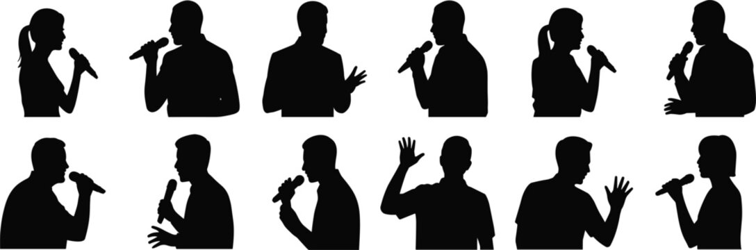 Singer and Public Speaking Silhouette Collection Featuring Male and Female Performers with Microphones for Karaoke, Podcast, Concert, and Presentation Designs