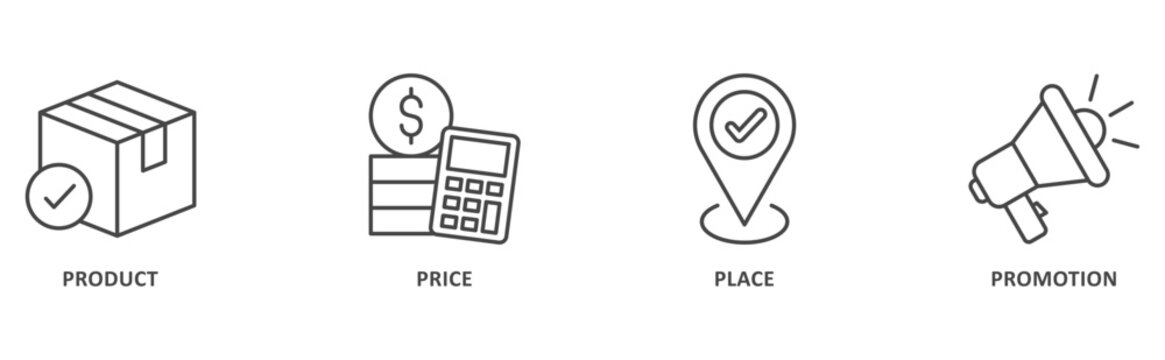 Marketing mix banner web icon illustration with icon of product, price, place, promotion