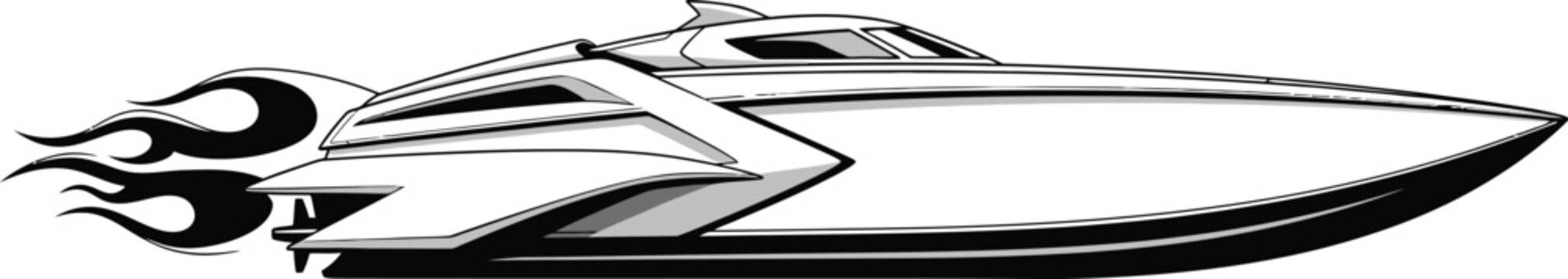 Speedboat with flames coming out of the back side view  fast water vehicle
