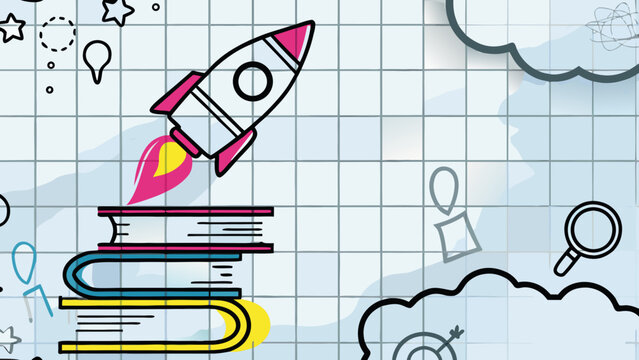 Colorful education icons, learning symbols, school vector graphics, book rocket launch