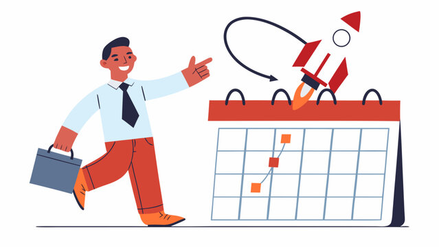 Businessman launching rocket from calendar, planning success, startup launch, productivity concept, vector illustration