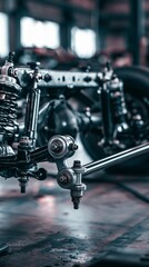 Fototapeta premium Closeup medium shot of a vehicle frame receiving leaf springs and control arms showcasing traditional suspension installation in a garage setting.