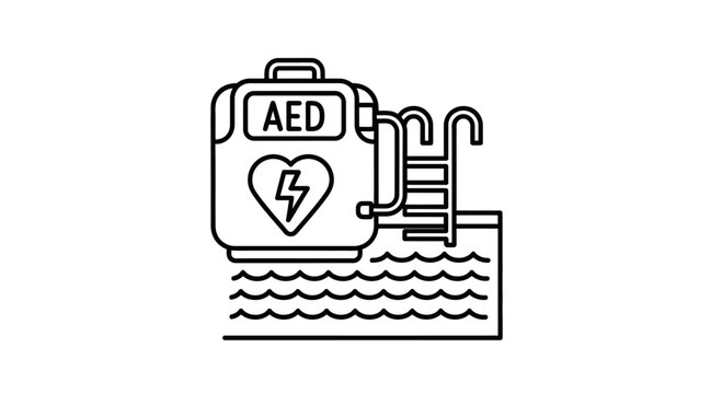 AED Defibrillator Icon Near Swimming Pool Safety Sign