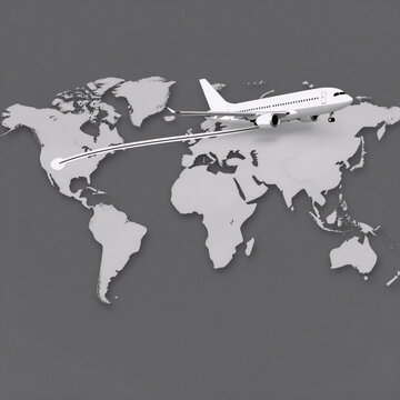 Matte Painting Trip Jet. Linear Illustration Of Airplane Paths Symbolizing Global Travel And Flight, Showcasing An Airline Trip In A Simple Yet Intricate Stroke Contour Style