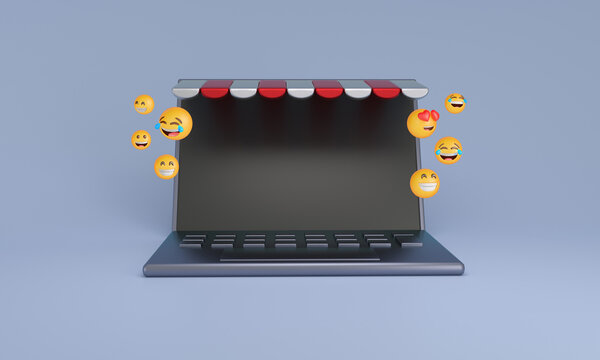 Laptop presenting online shop with floating emojis
