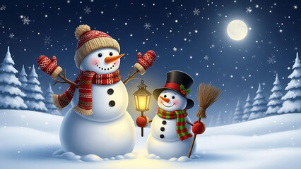 Obraz premium Festive Christmas Greeting Card Background Featuring Two Happy Smiling Snowman Figures Wearing Scarf and Hat in a Snowy Winter Wonderland Landscape with Soft Glowing Bokeh Light and Falling Snow.