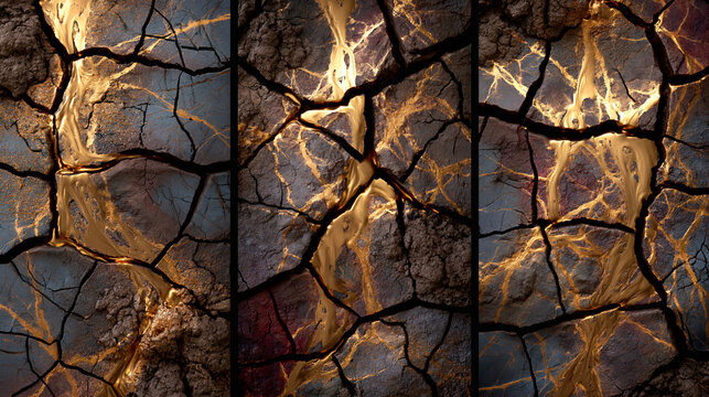 Triptyque de trois photos de boue s&eacute;ch&eacute;e et craquel&eacute;e aux tons ocre. Fissures sublim&eacute;es par des veines dor&eacute;es style kintsugi