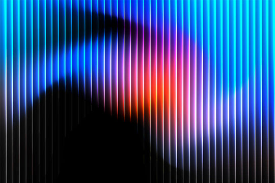 Abstract neon blue and pink glowing striped gradient wave with futuristic optical light motion effect on dark digital background