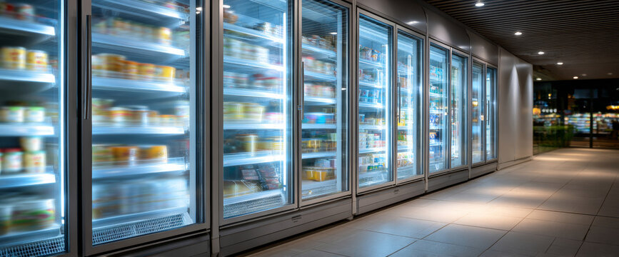 Long row of illuminated refrigerated display cases in a modern supermarket aisle with various frozen and chilled products inside