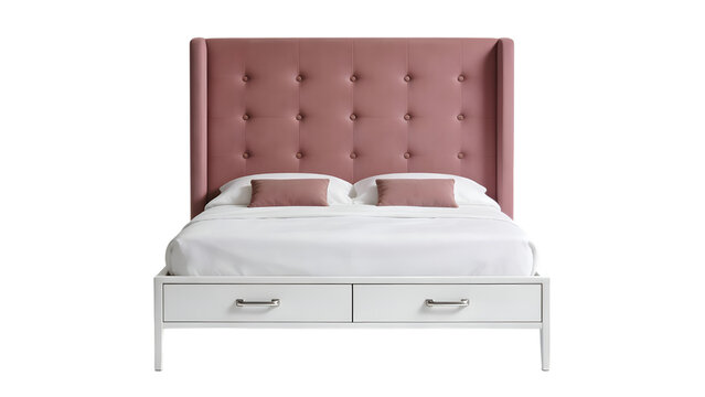 Modern Double Bed with Dusty Rose Tufted Wingback Headboard and White Storage Drawers Isolated on Transparent