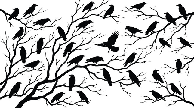 Black silhouette of a murder of crows perched on bare winter tree branches isolated on a white background for halloween or gothic design.