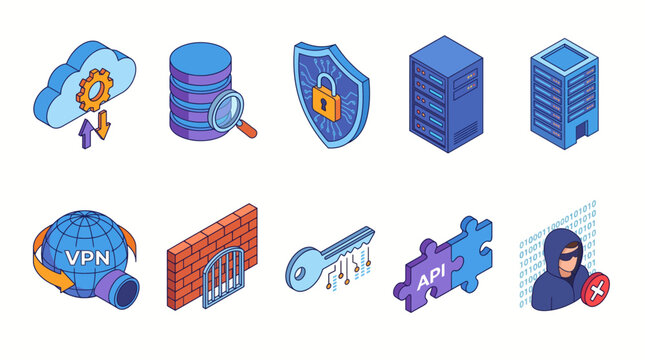 A set of ten isometric icons representing various digital technology and cybersecurity concepts