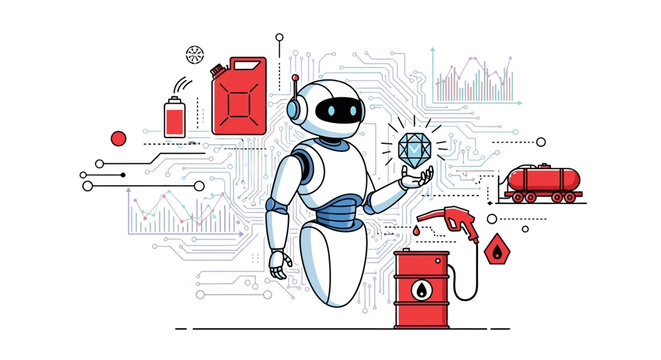 Robot holding a globe with industrial and technological elements around it.