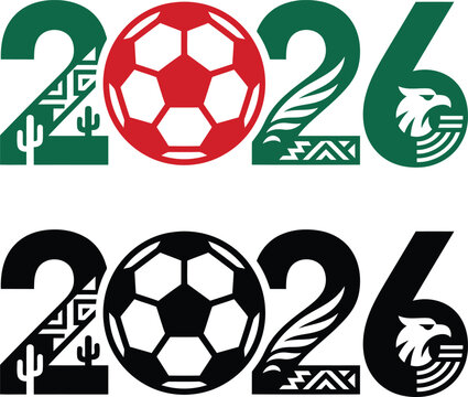 2026 Typography Vector Set with Soccer Ball Eagle Head Cactus and Mexican Tribal Patterns for world cup Football Championship