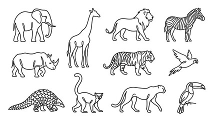 Eleven minimalist lineart illustrations of wild animals arranged in a grid against a white background © Fauzan Adzima