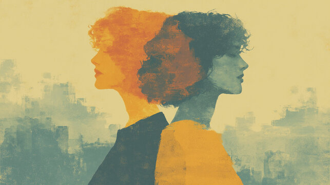 Woman Double Profile Facing Opposite Directions With Overlapping Shadows &mdash; Bipolar Disorder and Mood Swings Concept Illustration