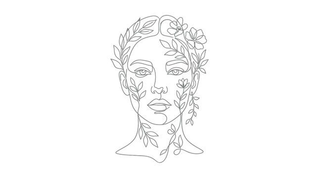 A singleline drawing of a womans face adorned with botanical leaves and flowers