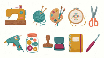 A collection of crafting tools including a sewing machine yarn paint palette embroidery hoop scissors glue gun buttons stamp ink pad notebook and crochet hook © Fauzan Adzima