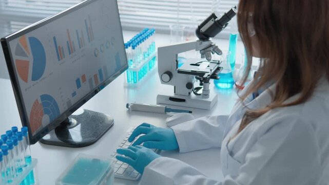 Woman scientist using computer and microscope in advanced laboratory environment. Laboratory research, data analysis, and scientific innovation in a high tech medical facility