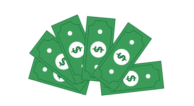 Fan of green paper dollar bills shows a stack of cash currency representing wealth, financial success, and monetary value.