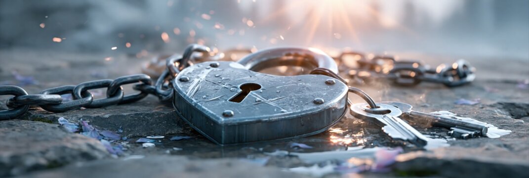 Heart-shaped padlock with keys and chain on wet stone surface with sun flare and sparks